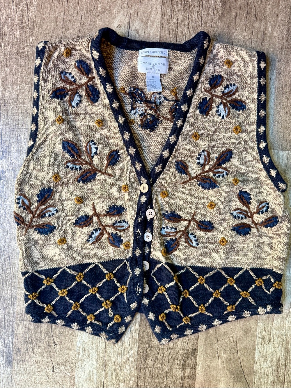 Vintage Christopher & Banks Floral Knit Vest Tan Navy Embroidered Button Front